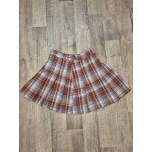American Eagle Plaid Skirt‎ Pleated Brown Blue Mini Skater High Rise Size 00 112